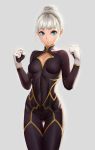  1girl arms_up bangs black_bodysuit bodysuit breast_cutout breasts breasts_apart comic covered_navel gloves gluteal_fold grey_background hair_bun highres looking_at_viewer medium_breasts original sidelocks silver_hair simple_background solo standing thick_eyebrows white_gloves yamaneko_(tkdrumsco) 