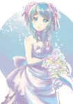  1girl absurdres alternate_hairstyle bare_shoulders blue_eyes blue_hair bouquet breasts dress drill_hair expressionless flower hair_ornament highres kantai_collection misacho_(misa1001) solo twin_drills urakaze_(kantai_collection) wedding_dress 