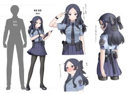  1girl arm_up beretta_px4 black_bow black_footwear black_hair black_necktie black_pantyhose blue_shirt blue_skirt blush bow braid breasts clipboard closed_mouth collared_shirt cropped_legs cropped_torso cuffs forehead gun hair_bow handcuffs handgun highres holding holstered loafers long_hair looking_at_viewer multiple_views necktie nose_blush original pantyhose paravene parted_bangs parted_lips pleated_skirt shirt shoes short_sleeves silhouette simple_background skirt small_breasts sweat tie_clip translation_request violet_eyes watch watch weapon weapon_request white_background 