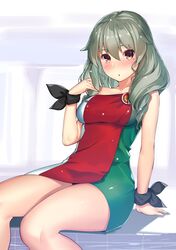  1girl :o alternate_hairstyle anchovy arm_support bare_shoulders black_ribbon blush breasts brown_eyes collarbone commentary_request dress drill_hair girls_und_panzer green_hair hand_up highres italian_flag kagematsuri long_hair looking_at_viewer medium_breasts parted_lips ribbon sitting solo strapless strapless_dress thighs tube_dress wrist_ribbon 