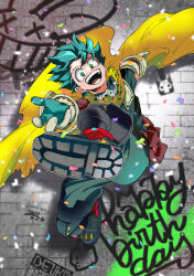  1boy :d arm_behind_back arrow_(symbol) belt belt_pouch birthday blue_gloves blue_hair blurry blurry_background bodysuit boku_no_hero_academia brick_wall bright_pupils cape commentary_request confetti depth_of_field feet film_grain floating_cape floating_hair foot_against_wall foot_focus foreshortening freckles full_body gloves graffiti green_eyes green_pupils grey_gloves hands_up happy_birthday head_tilt highres leg_up looking_at_viewer male_focus mask mask_around_neck midoriya_izuku mouth_mask nikaidou_iroha official_alternate_costume open_mouth outline outstretched_arms partial_commentary pouch rabbit reaching reaching_towards_viewer shadow shoe_soles short_hair smile solo spoilers text_focus thumbs_up_emoji timestamp torn_cape torn_clothes twitter_username white_outline x_x yellow_cape 