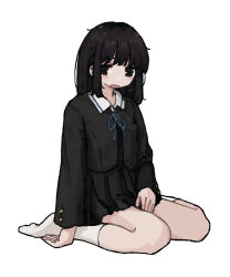  1girl absurdres arm_at_side black_dress black_eyes black_hair black_jacket blue_ribbon breast_pocket buttoned_cuffs buttons collared_shirt dress feet full_body hand_on_lap highres jacket long_bangs long_hair looking_at_viewer neck_ribbon no_shoes open_clothes open_jacket open_mouth original pinafore_dress pleated_dress pocket ribbon shirt short_dress sidelocks simple_background sitting sleeveless sleeveless_dress socks solo straight_hair surgeon_cuffs uniunimikan wariza white_background white_socks 