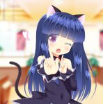  1girl angel_mort animal_ears blue_hair blurry cat_ears cat_tail covered_navel depth_of_field detached_sleeves foreshortening furude_rika gaou higurashi_no_naku_koro_ni leotard long_hair one_eye_closed open_mouth solo strapless strapless_leotard tail upper_body violet_eyes 
