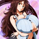  1girl breast_hold breasts brown_eyes brown_hair bursting_breasts character_name cleavage crossed_arms female gundam gundam_00 huge_breasts long_hair navel parted_lips runaru smile solo sumeragi_lee_noriega unbuttoned unbuttoned_shirt wavy_hair 