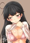  1girl ahoge black_eyes black_hair blush bra breasts clothes_lift floral_print head_tilt kantai_collection large_breasts lifted_by_self lips long_hair red_bra ribbed_sweater sweater sweater_lift turtleneck turtleneck_sweater underwear upper_body ushio_(kantai_collection) yua_(checkmate) 