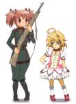  2girls blonde_hair blue_eyes cosplay costume_switch crossover gun kaname_madoka kaname_madoka_(cosplay) magical_girl mahou_shoujo_madoka_magica military military_uniform multiple_girls onomekaman pink_eyes pink_hair rifle seiyuu_connection short_hair tanya_degurechaff tanya_degurechaff_(cosplay) twintails uniform weapon youjo_senki yuuki_aoi 