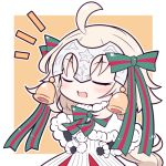  1girl ahoge bell beni_shake chibi closed_eyes fate/grand_order fate_(series) jeanne_alter jeanne_alter_(santa_lily)_(fate) lowres open_mouth ribbon ruler_(fate/apocrypha) short_hair smug star white_hair winter_clothes 