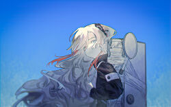  1girl abstract_background airceeco backpack bag black_coat black_flower blue_background coat floating_hair flower from_side hair_flower hair_ornament half-closed_eyes highres holding_strap isekaijoucho kamitsubaki_studio light_frown long_hair long_sleeves looking_at_viewer looking_to_the_side magnifying_glass multicolored_hair pale_skin parted_lips redhead shoulder_strap solo streaked_hair tape upper_body very_long_hair virtual_youtuber white_eyes white_hair 