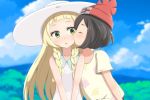  2girls beanie black_hair blonde_hair braid cheek_kiss clouds dress female_protagonist_(pokemon_sm) green_eyes hat highres kiss lillie_(pokemon) long_hair multiple_girls nekosination open_mouth pokemon pokemon_(game) pokemon_sm red_hat short_hair sky sleeveless sleeveless_dress sun_hat twin_braids white_dress white_hat yuri 