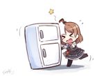  &gt;_&lt; 1girl black_hat brown_hair bumping chibi closed_eyes elbow_gloves gloves hat langbazi personification red_shoes refrigerator rms_titanic shoes short_hair signature solo star thigh-highs titanic 