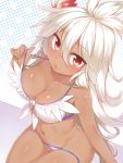  1girl bikini breasts cleavage dark_skin from_above granblue_fantasy long_hair looking_at_viewer looking_up navel open_mouth racer_(magnet) red_eyes sitting solo swimsuit the_order_grande white_hair 