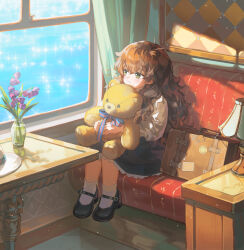  1girl absurdres ahoge antenna_hair black_footwear blunt_bangs bow bowtie brown_eyes brown_hair child commission day dress ema3 eyelashes flower highres hug lamp lily_of_the_valley long_hair long_sleeves looking_afar original pink_flower plate sidelocks sitting socks solo sparkle stuffed_animal stuffed_toy suitcase sunlight table teddy_bear train_interior vase white_socks window 