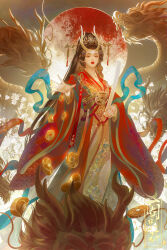  1girl absurdres black_eyes black_hair bow chinese_clothes chinese_commentary closed_mouth coin commentary_request dragon dragon_print dress eastern_dragon eastern_dragon_horns expressionless facial_mark flower forehead forehead_mark full_body grey_background hagoromo hair_bun half_updo hanfu highres holding_baton holed_coin horns lipstick long_dress long_hair long_sleeves looking_at_viewer makeup original outstretched_hand red_bow red_hanfu red_lips ritual_baton shawl single_hair_bun skin-covered_horns solo sun tiara very_long_hair waist_bow watermark white_flower wide_sleeves yellow_dress yin_shi_zhihua 