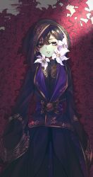  1girl androgynous black_robe brown_eyes brown_hair commentary_request cowboy_shot flower highres lying night_raven_college_ceremonial_robes on_back red_flower redrabbit44 robe short_hair twisted_wonderland yuu_(twisted_wonderland) 