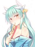  1girl aqua_hair body_blush breasts cleavage eyebrows_visible_through_hair fan fate/grand_order fate_(series) hair_ornament holding horns japanese_clothes kimono kiyohime_(fate/grand_order) large_breasts long_hair looking_at_viewer off_shoulder open_mouth racer_(magnet) saliva saliva_trail shiny shiny_skin sidelocks solo tongue upper_body yellow_eyes 