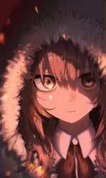  1girl :| ada_(iyowa) adipocere_(vocaloid) bow bowtie brown_eyes brown_hair closed_mouth collared_shirt embers expressionless eye_reflection fire fur-trimmed_jacket fur_trim grey_jacket hair_between_eyes highres hood hood_up iyowa_girls jacket long_hair looking_at_viewer red_background red_bow red_bowtie reflection saki_(saki_tiara0905) shadow shirt sidelocks simple_background solo straight-on white_shirt 