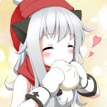  1girl closed_eyes dumpling eating food hat heart horns john_koubou kantai_collection mittens northern_ocean_hime red_hat red_scarf scarf silver_hair solo upper_body white_skin 