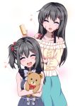  2girls :d ^_^ bare_shoulders black_hair brush burn_scar closed_eyes collarbone doll_hug dorei_to_no_seikatsu_~teaching_feeling~ hair_ornament hairclip hairdressing happy if_they_mated long_hair mother_and_daughter multiple_girls musical_note older open_mouth scar side_ponytail simple_background skirt smile stuffed_animal stuffed_toy sylvie_(dorei_to_no_seikatsu) takahiko teddy_bear 