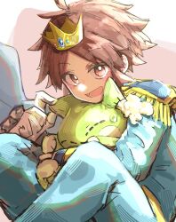  1boy blue_gemstone blue_pants blue_shirt blush bright_pupils brown_eyes brown_hair cheek_pinching crown damaged epaulettes gem gloves highres hugging_doll hugging_object jam_jam_odoro jeweled_crown knees_up long_sleeves looking_at_viewer male_focus mini_crown nate_(champion)_(pokemon) nate_(pokemon) official_alternate_costume open_mouth pants pinching pokemon pokemon_bw2 pokemon_masters_ex prince red_gemstone shirt short_hair sitting smile stuffed_animal stuffed_toy stuffing substitute_(pokemon) sweatdrop white_gloves white_pupils 