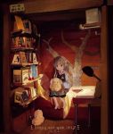  1girl 2017 barefoot bed bird bird_on_lap book bookshelf brown_eyes brown_hair chick desk desk_lamp dress elf english happy_new_year highres lamp long_hair new_year on_bed original parted_lips pillow pointy_ears ryu_(17569823) shirt sitting sitting_on_bed sitting_on_lap sitting_on_person sleeping wide_sleeves 