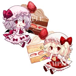  ascot blonde_hair cake chibi flandre_scarlet food fruit full_body hat hat_ribbon licking_lips mob_cap mochacot open_mouth purple_hair red_ascot red_eyes red_ribbon remilia_scarlet ribbon side_ponytail simple_background strawberry tongue tongue_out touhou white_background wrist_cuffs yellow_ascot 