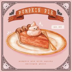  :o abbey_and_bear banner bat_(animal) black_border black_eyes border commentary english_commentary english_text food food_focus fork halloween icing no_humans notice_lines open_mouth original pie pie_slice pink_background plate price pumpkin_pie skull solid_oval_eyes sparkle 