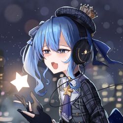  1girl beret blue_eyes blue_hair blue_nails chrispy_tuna dress gloves hat headphones highres hololive hoshimachi_suisei hoshimachi_suisei_(1st_costume) night partially_fingerless_gloves plaid_clothes plaid_dress side_ponytail star_(symbol) star_in_eye symbol_in_eye virtual_youtuber 