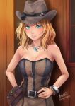  1girl alternate_costume artist_name belt blonde_hair blue_eyes bracelet breasts cleavage commentary_request cowboy_hat girls_und_panzer hair_intakes haruhata_mutsuki hat highres holster jewelry kay_(girls_und_panzer) long_hair medium_breasts necklace parted_lips signature solo strapless twitter_username upper_body 