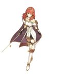  1girl absurdres armor bangs bare_shoulders celica_(fire_emblem) closed_mouth female fire_emblem fire_emblem_echoes fire_emblem_echoes:_mou_hitori_no_eiyuuou full_body gloves hairband hidari_(left_side) highres holding holding_sword holding_weapon looking_at_viewer off_shoulder official_art red_eyes redhead simple_background solo sword thigh-highs thighhighs transparent_background weapon zettai_ryouiki 
