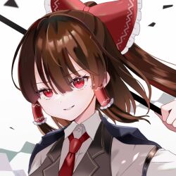  1girl alternate_costume black_vest bow brown_hair collared_shirt commentary_request frilled_bow frilled_hair_tubes frills gohei hair_bow hair_tubes hakurei_reimu highres holding holding_gohei long_hair necktie red_bow red_eyes red_necktie shirt smile solo touhou user_yved3453 vest white_shirt 