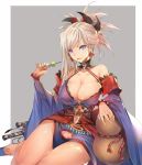  1girl :p bare_shoulders barefoot blue_eyes breasts cleavage earrings error fate/grand_order fate_(series) food jewelry khanshin large_breasts long_hair looking_at_viewer magatama miyamoto_musashi_(fate/grand_order) navel pink_hair solo takoyaki thighs tongue tongue_out wrong_feet 