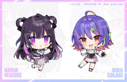  2girls ahoge bandages belt black_hair blush bow bowtie chibi colored_inner_hair cropped_jacket double_bun earpiece earrings fingerless_gloves gloves gradient_hair hair_bun hair_intakes hair_ornament hair_ribbon hairpin jewelry leotard long_hair loose_socks mikure_narin multicolored_hair multiple_girls multiple_hairpins noi_mine official_art pink_hair pleated_skirt purple_hair red_eyes ribbon short_hair shorts shrug_(clothing) skirt sleeveless socks solari_riko star_(symbol) star_hair_ornament star_ornament violet_eyes vspo! vspo!_en 