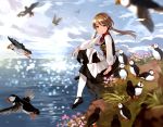  1girl bird blurry brown_eyes brown_hair cliff day dress looking_at_viewer low_twintails ocean original outdoors pantyhose sky smile tan_(tangent) traditional_clothes twintails white_legwear 