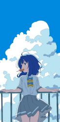  1girl absurdres ahoge blue_bow blue_eyes blue_hair blue_sky bow clouds cloudy_sky collared_shirt day dress_shirt food_in_mouth grey_skirt highres looking_to_the_side make_heroine_ga_oo_sugiru! meito_(maze) mouth_hold outdoors pleated_skirt railing school_uniform shirt short_sleeves skirt sky solo white_shirt yanami_anna yellow_bow 