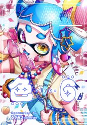  1girl 6roku_6roku absurdres arm_warmers artist_name balloon bandaid bandaid_on_arm bandaid_on_cheek bandaid_on_face bead_necklace beads blue_arm_warmers blue_hair blue_overalls blue_tongue candy candy_wrapper colored_extremities colored_tongue commentary_request copyright_name cover cover_page double_bun earrings fangs food gradient_hair hair_beads hair_bun hair_horns hair_ornament halftone_texture heart heart-shaped_eyewear heterochromia highres holding holding_balloon holding_removed_eyewear inkling inkling_girl inkling_player_character jewelry lollipop multicolored_hair multiple_earrings necklace open_mouth overalls pink-framed_eyewear pink_eyes pink_hair pointy_ears ring shirt short_eyebrows short_hair short_sleeves sidelocks solo splatoon_(series) star_(symbol) star_hair_ornament sticker_on_face strap_slip sunglasses tentacle_hair thick_eyebrows two-tone_arm_warmers two-tone_hair unworn_eyewear yellow_arm_warmers yellow_eyes yellow_shirt 