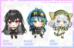  3girls :q ahoge aotsuki_remia artist_name belt black_dress black_hair blue_hair blush character_name chibi copyright_name cross cross_earrings detached_sleeves dress ear_piercing earrings fangs fingerless_gloves fishnets gloves goggles goggles_on_head gradient_hair green_eyes green_hair green_hat green_necktie grey_hair hair_ornament hair_ribbon hairpin hat jacket jewelry jisaki_jira kuroha_arya long_hair multicolored_hair multiple_girls multiple_hairpins nail_polish necktie noi_mine official_art open_clothes open_jacket piercing red_eyes ribbon see-through shorts single_hair_intake skirt socks streaked_hair tail thigh-highs tongue tongue_out two_side_up vspo! vspo!_en white_dress white_hair white_socks yellow_eyes 