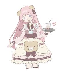  1girl animal_ears bang_dream! bang_dream!_it&#039;s_mygo!!!!! bear_ears black_bow black_corset blue_eyes blush bow chihaya_anon commentary corset cowboy_shot cropped_legs cup disposable_cup dress drinking_straw fake_animal_ears fang hair_bow holding holding_tray long_hair m_(226mmy) open_mouth pink_hair simple_background skin_fang solo tray white_background white_dress 