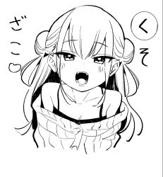  1girl bare_shoulders blush cardigan commentary_request double_bun flat_chest hair_bun highres long_hair looking_at_viewer mesugaki monochrome nikumaru off_shoulder open_mouth original smile solo teeth translation_request upper_body 