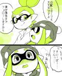  1boy 1girl 2koma blush bobblehat comic domino_mask fang glasses green_air high_ponytail hood hoodie inkling looking_at_another mask monochrome nana_(raiupika) open_mouth pointy_ears short_ponytail smile splatoon tentacle_hair translation_request 