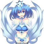  1girl :d bangs bare_shoulders black_legwear blue_eyes blue_hair blush breasts collarbone cowboy_shot crown elbow_gloves eyebrows_visible_through_hair gloves hair_between_eyes hands_up heart heart-shaped_pupils heart_hands large_breasts long_hair looking_at_viewer midriff mini_crown navel open_mouth original own_hands_together personification phantasy_star phantasy_star_online_2 revealing_clothes simple_background smile solo striped striped_legwear sukage symbol-shaped_pupils thighs vertical-striped_legwear vertical_stripes white_background white_legwear 