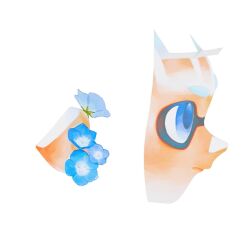  1girl blue_eyes blue_flower closed_mouth earrings flower flower_earrings from_side highres inkling inkling_girl inkling_player_character jewelry morning_glory ouoxz0t881876 pointy_ears simple_background solo splatoon_(series) tentacle_hair upper_body white_background white_hair 