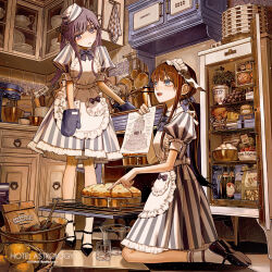  2girls apron bare_arms basket blue_eyes bottle bow bowl bowtie brown_hair cake checkered_floor cheese cooking_pot copyright_name denn_(naluse_flow) dress egg_(food) food fruit frying_pan full_body grapes hair_bow hat head_tilt highres hotel hotel_astrology indoors kitchen kneeling leaning_forward long_hair looking_at_another looking_at_object looking_down looking_up medium_dress mixer_(cooking) multiple_girls noodles oven oven_mitts pointing puffy_short_sleeves puffy_sleeves purple_bow purple_bowtie purple_hair shoes short_sleeves socks standing strawberry striped_clothes striped_dress tile_floor tiles twintails vertical-striped_clothes vertical-striped_dress very_long_hair violet_eyes 