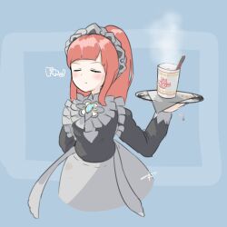  1girl absurdres apron felicia_(fire_emblem) fire_emblem fire_emblem_fates high_ponytail highres holding holding_plate kolaytoh long_hair maid maid_apron maid_headdress pink_hair plate ponytail ramen 