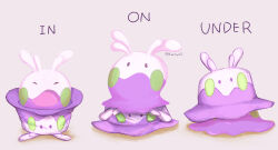  antennae bucket_hat closed_eyes colored_skin goomy hat highres in_hat multicolored_skin multiple_views no_humans open_mouth pokemon pokemon_(creature) pokemon_focus purple_skin solid_oval_eyes tori_tya3 