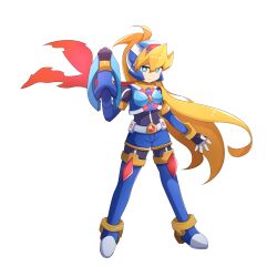  1girl absurdres alternate_costume alternate_hairstyle arm_cannon armor belt blonde_hair blue_eyes bodystocking boots breasts chest_jewel ciel_(mega_man) commission commissioner_upload elbow_gloves full_body gloves glowing helmet highres knee_pads long_hair looking_at_viewer mechanical_ears mega_man_(series) mega_man_zero_(series) mega_man_zx model_x_(mega_man) non-web_source ponytail rytopen scarf shorts small_breasts thigh_boots transparent_background weapon 