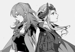  2girls behind_another breasts byleth_(female)_(fire_emblem) byleth_(fire_emblem) cape coat coat_on_shoulders collared_cape commentary_request commission couple crop_top detached_collar edelgard_von_hresvelg fake_horns fire_emblem fire_emblem:_three_houses floating floating_hair from_side grey_background hair_between_eyes hair_bun hair_floating_upwards hair_flowing_over hair_up headpiece highres horns jewelry long_hair looking_down looking_up medium_breasts monochrome multiple_girls open_mouth parted_lips pendant shiinakojima simple_background standing wavy_hair yuri 