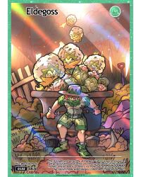  1boy absurdres afro alternate_costume autobottesla big_hair brown_gloves brown_hair cabbage cart character_name eldegoss english_text fake_trading_card forest freckles gloves grass green_eyes green_footwear green_shorts grin hat highres hoe in_cart looking_at_viewer male_focus midair milo_(pokemon) nature open_mouth pokemon pokemon_(creature) pokemon_swsh pullcart short_hair short_sleeves shorts shovel smile sun_hat sunlight tree trough white_hair 