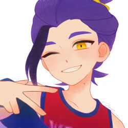  1boy black_hair blush commentary_request grin hand_up happy highres jacket kieran_(pokemon) male_focus miruko_(neon4696) mole mole_on_neck multicolored_hair off_shoulder one_eye_closed pokemon pokemon_sv purple_hair red_shirt shirt signature simple_background sleeveless sleeveless_shirt smile solo teeth two-tone_hair w white_background yellow_eyes 