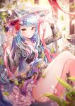  1girl bangs blue_hair blurry blush breasts bubble closed_mouth depth_of_field eyebrows_visible_through_hair flower hair_flower hair_ornament hanbok holding holding_ribbon korean_clothes legs_crossed long_hair looking_at_viewer medium_breasts original pink_ribbon plant red_flower ribbon sash sitting smile solo thighs tobi_(mue86) veil very_long_hair yellow_eyes 