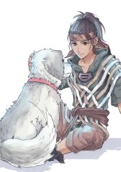  1boy animal_collar brown_eyes brown_hair brown_shorts collar commentary_request dog final_fantasy final_fantasy_vii final_fantasy_vii_ever_crisis headband highres male_focus petting ponytail red_collar refu_(ff7ec) rosen_(ff7ec) shorts sitting striped_headband tan warori_anne white_background white_dog 